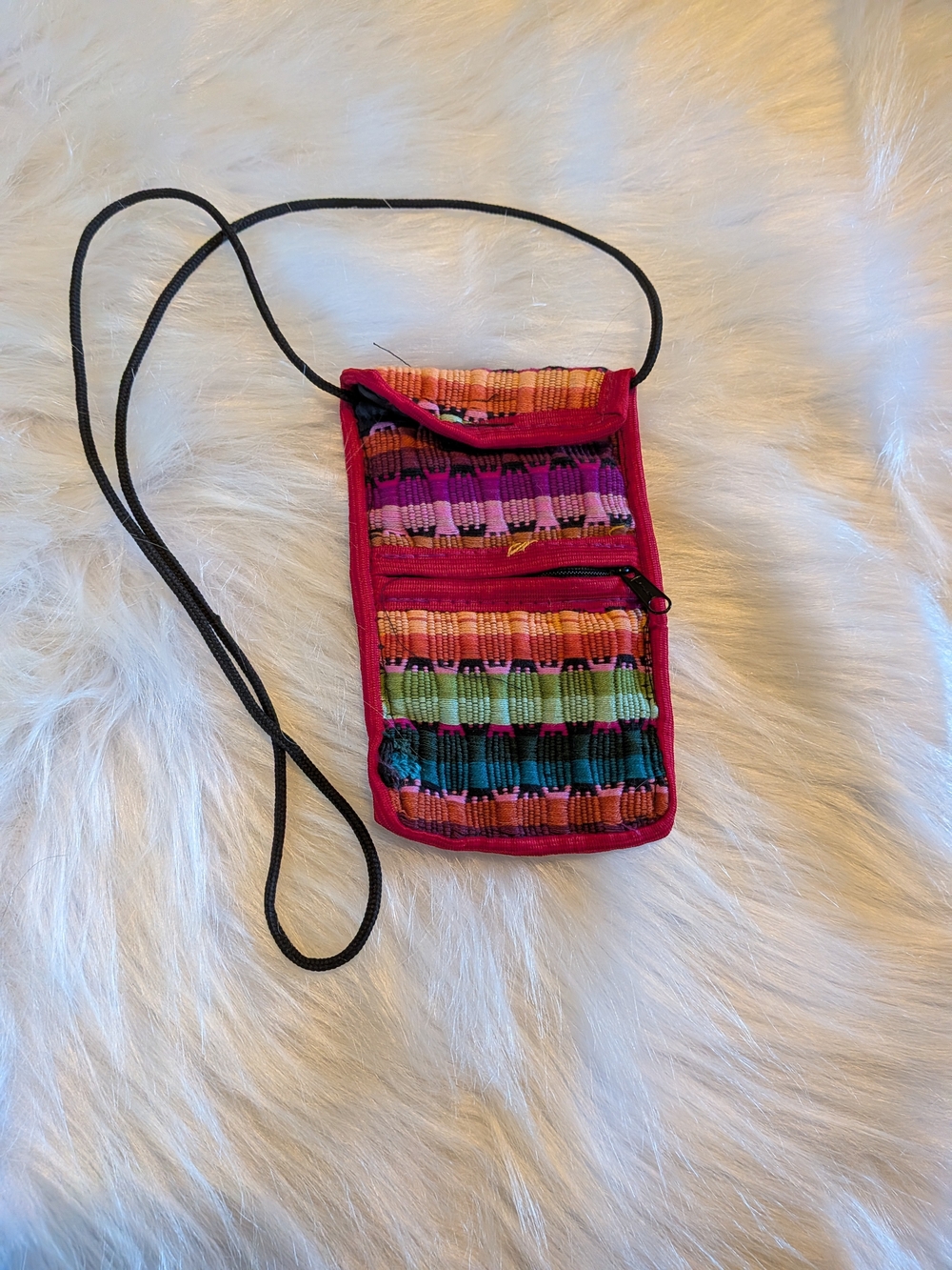 Handwoven Multicolor Crossbody Pouch - Bright Pink Trim